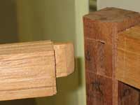 A close up of the mitred tenon joint